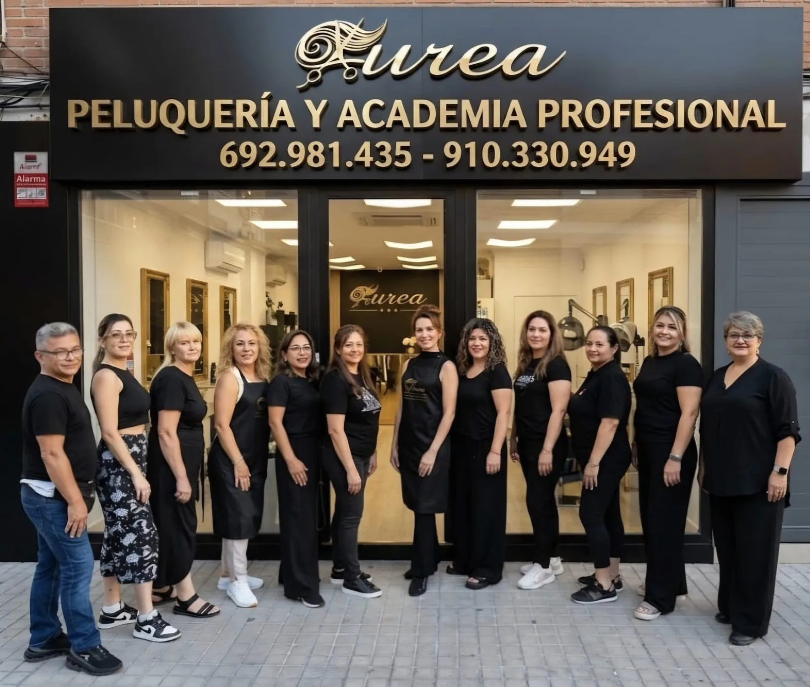 Equipo de Áurea ante la fachada de la academia y peluquería en Barrio del Pilar